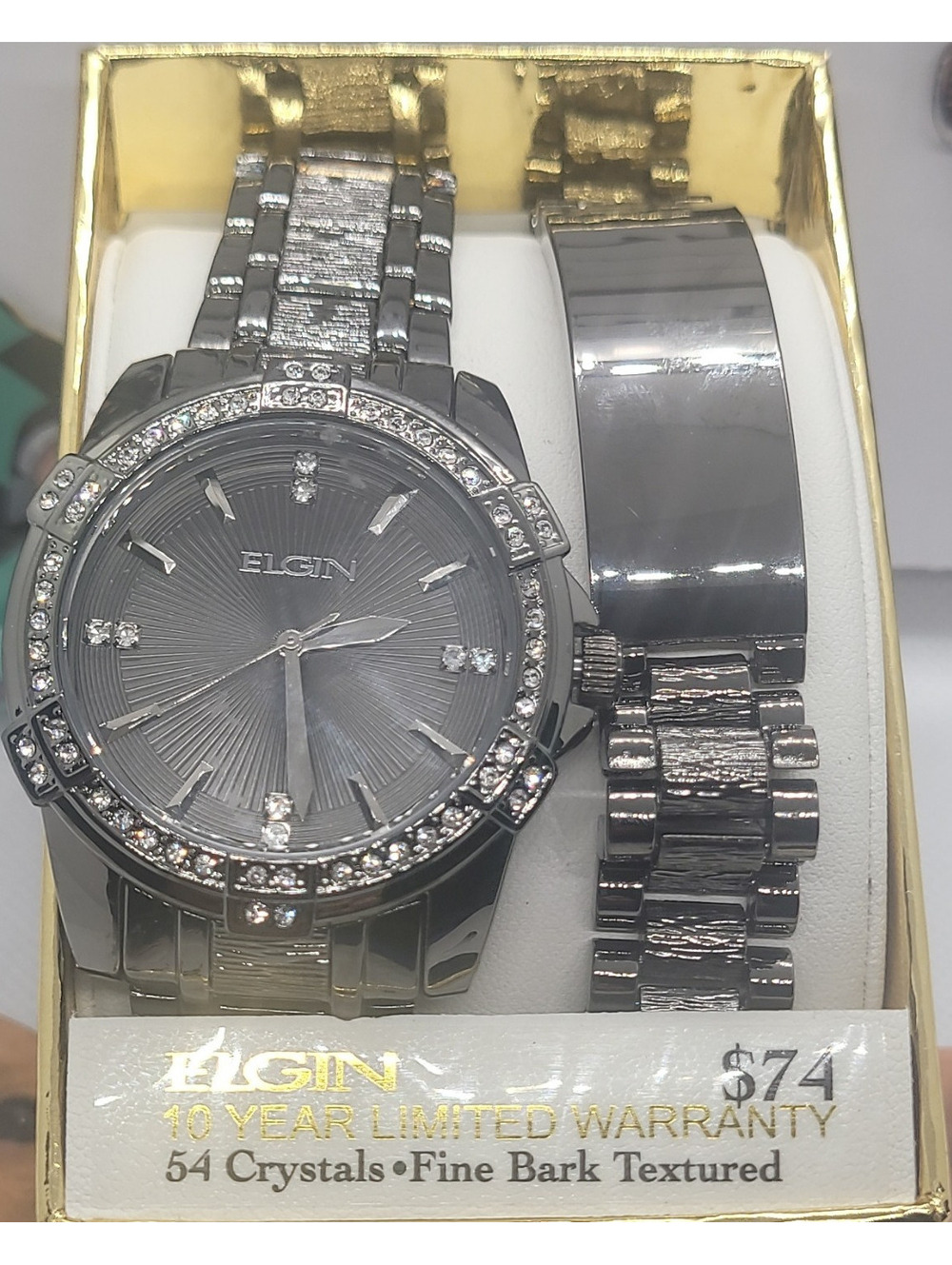 397 elgin fine bark textured gray dial 54 crystals silver men's wristwatch